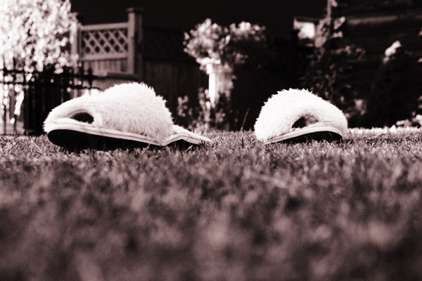 Pink fuzzy slippers on green grass