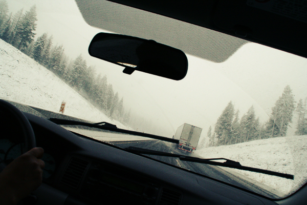 Snowy roads as seen from the windshield